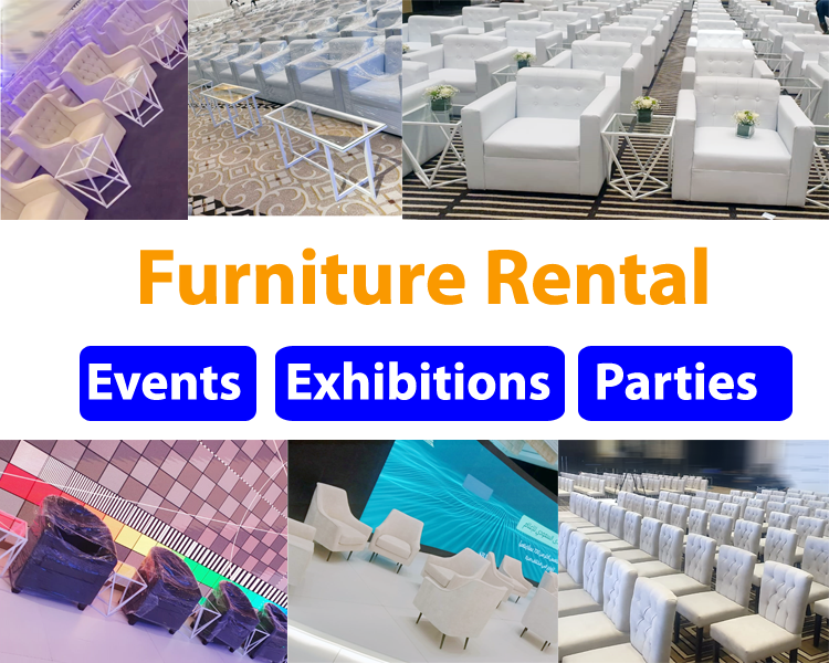 Events, Exhibitions, Parties Furniture Rental Services in Riyadh 2024/ 2025. Luxury, Premium Short-Term Furniture Rental in Riyadh [Table, Chairs].