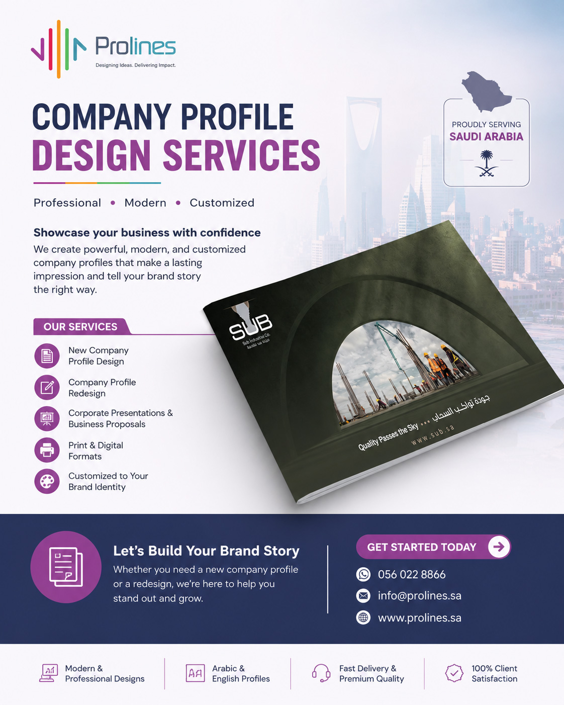 Construction company profile design sample for a Saudi contractor in Riyadh and Jeddah