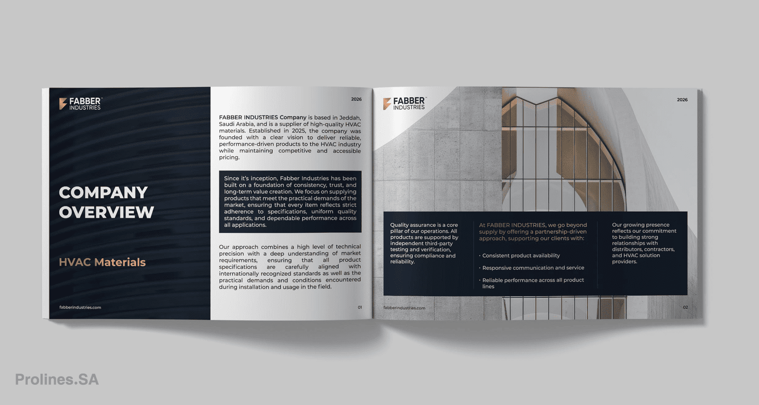 Fabber Industries Company Profile Design in Saudi Arabia by Prolines - تصميم احترافي لملف تعريف الشركات الصناعية في المملكة العربية السعودية Fabber Industries Company Profile Design in Saudi Arabia by Prolines - تصميم احترافي لملف تعريف الشركات الصناعية في المملكة العربية السعودية