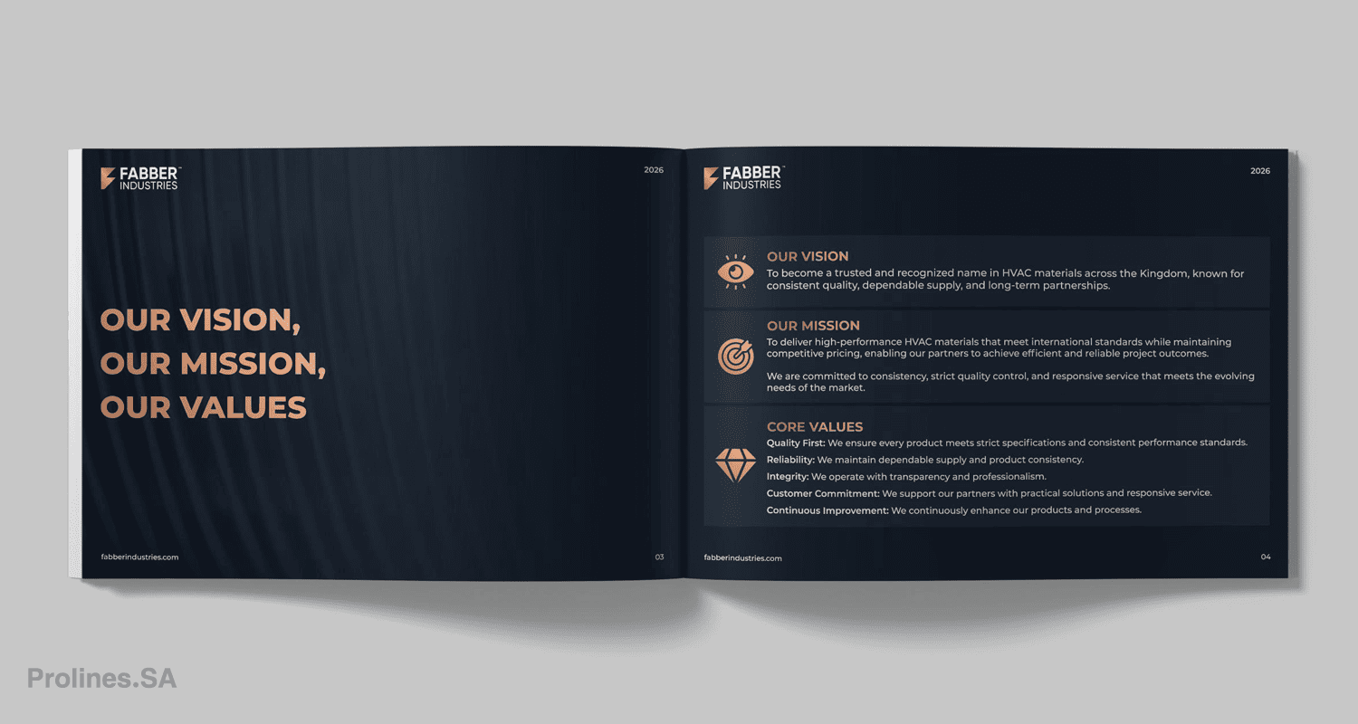 Fabber Industries Company Profile Design in Saudi Arabia by Prolines - تصميم احترافي لملف تعريف الشركات الصناعية في المملكة العربية السعودية Fabber Industries Company Profile Design in Saudi Arabia by Prolines - تصميم احترافي لملف تعريف الشركات الصناعية في المملكة العربية السعودية