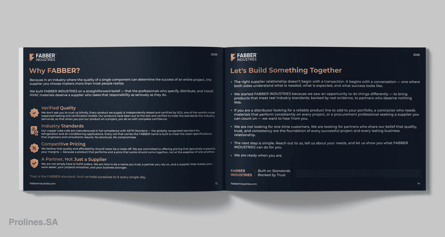 Fabber Industries Company Profile Design in Saudi Arabia by Prolines - تصميم احترافي لملف تعريف الشركات الصناعية في المملكة العربية السعودية Fabber Industries Company Profile Design in Saudi Arabia by Prolines - تصميم احترافي لملف تعريف الشركات الصناعية في المملكة العربية السعودية