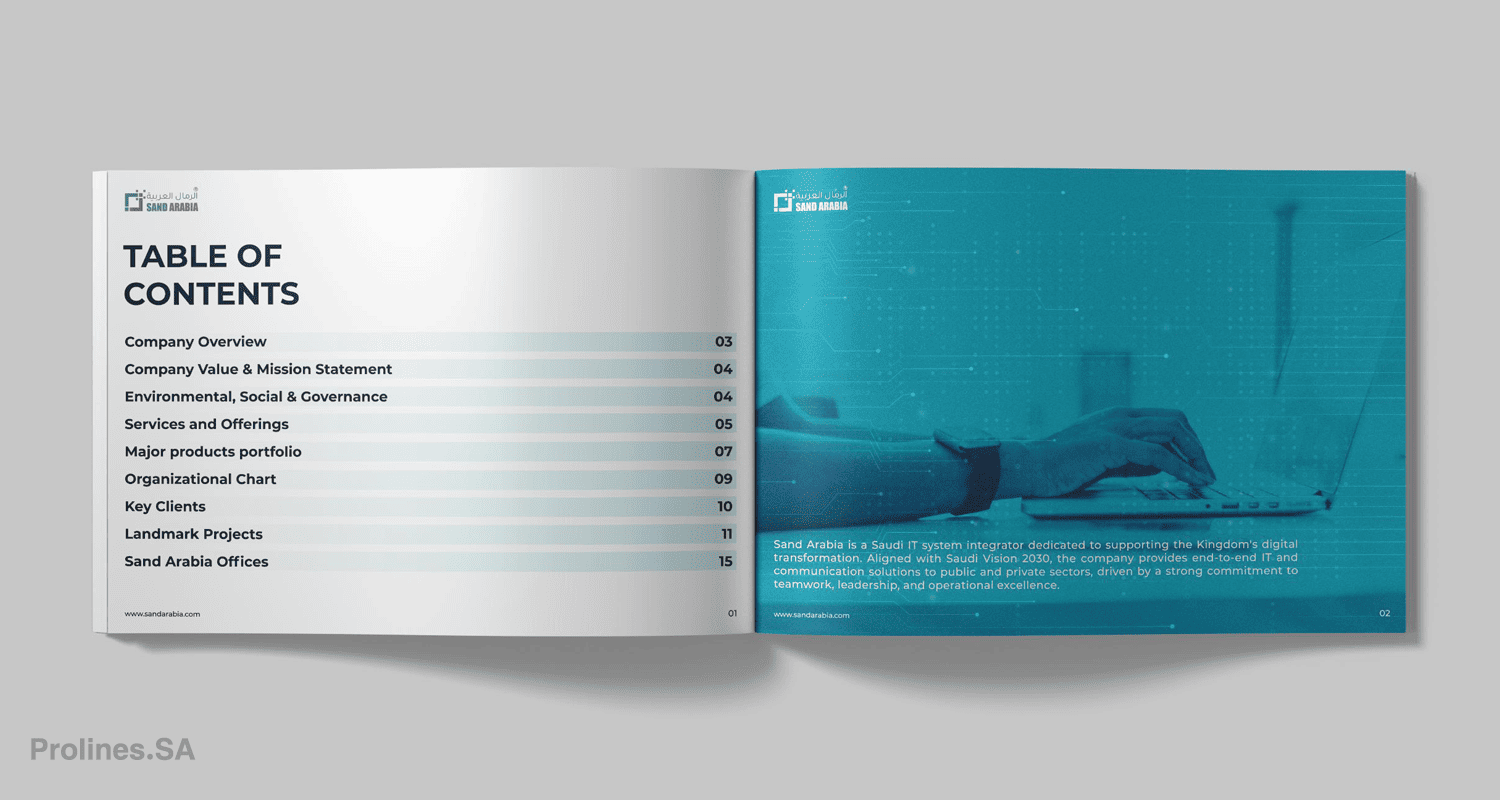 Sand Arabia Company Profile Design in Saudi Arabia by Prolines - خدمات تصميم بروفايل الشركات في السعودية لشركة الرمال العربية بواسطة برو لاينز