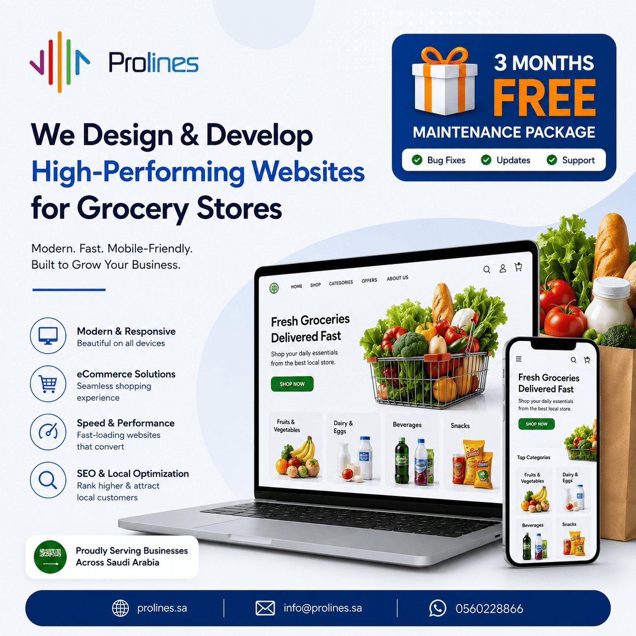 Website design for grocery stores in Riyadh, Jeddah, Saudi Arabia 2027 - تصميم مواقع متاجر البقالة في الرياض وجدة، السعودية - برو لاينز