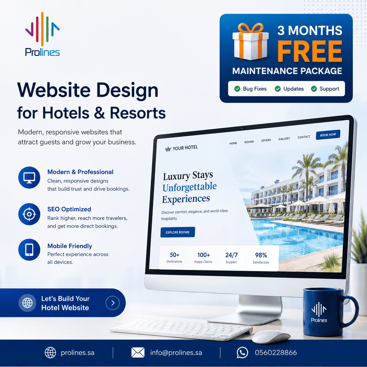 Saudi Website Design for Hotels and Resorts - Hospitality Websites in Riyadh, Jeddah 2027 - تصميم مواقع إلكترونية للفنادق والمنتجعات من برو لاينز – مواقع ضيافة محسّنة لمحركات البحث في الرياض وجدة و السعودية.